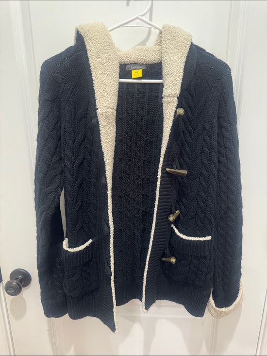 Cabela's Sweaters - Cabela's Black Cable-Knit Cardigan with Cream Sherpa Trim